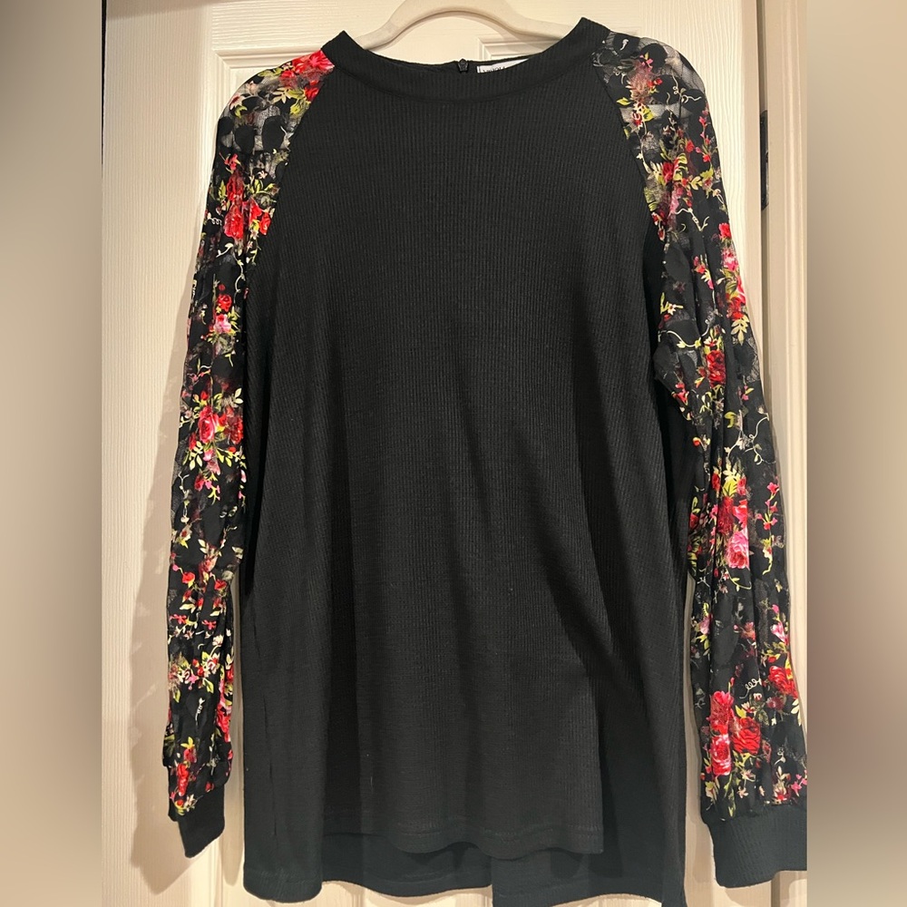 Black Top with Lace Floral Sleeves